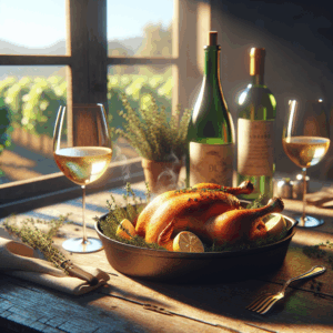 Accord vin et poulet rôti sur table ensoleillée