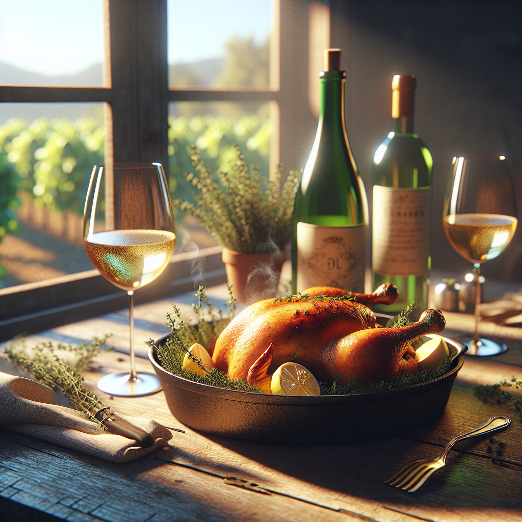 Accord vin et poulet rôti sur table ensoleillée