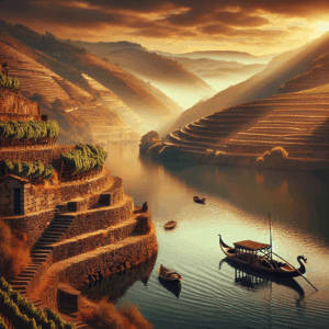 Douro-Terrassen und Rabelo bei Sonnenuntergang