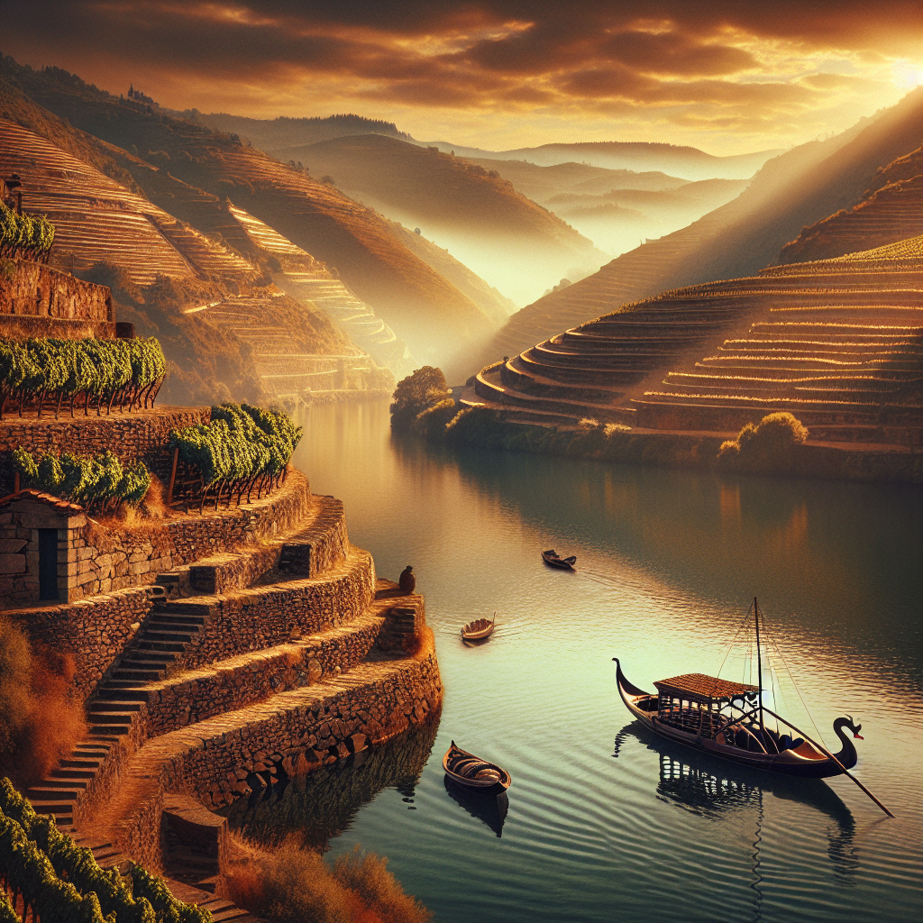 Douro-Terrassen und Rabelo bei Sonnenuntergang