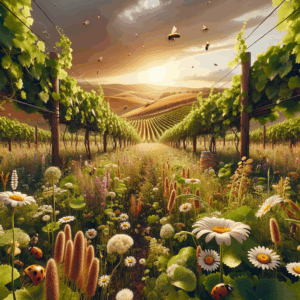 Vigne enherbée au lever du jour, fleurs et biodiversité