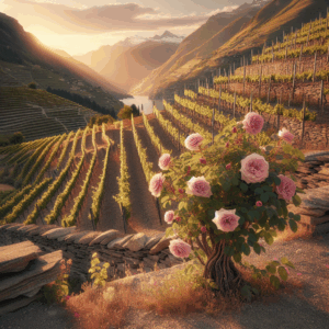 Rosier sentinelle au bout d'un rang de vigne en Valais