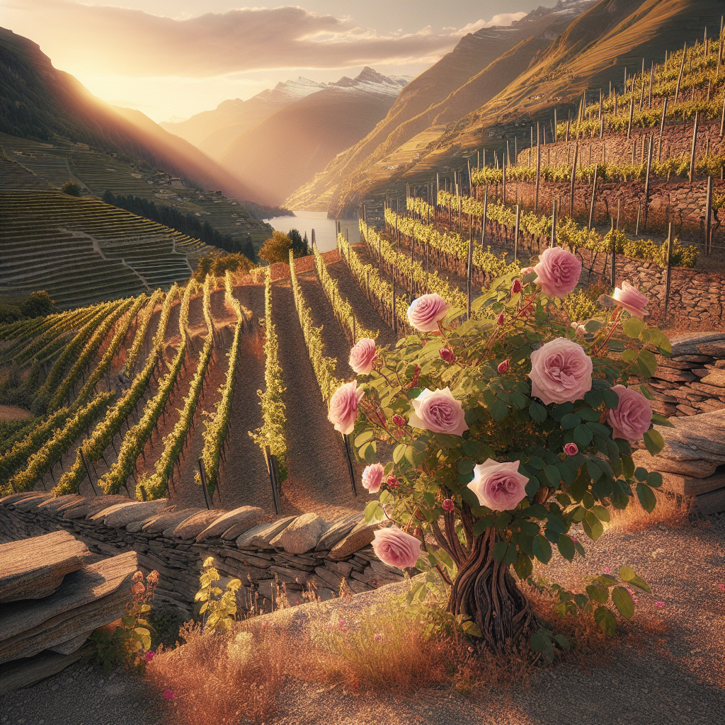 Rosier sentinelle au bout d'un rang de vigne en Valais
