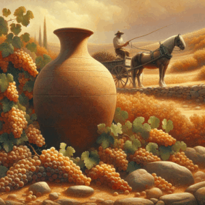 Amphore et cheval de trait dans un vignoble en terrasses