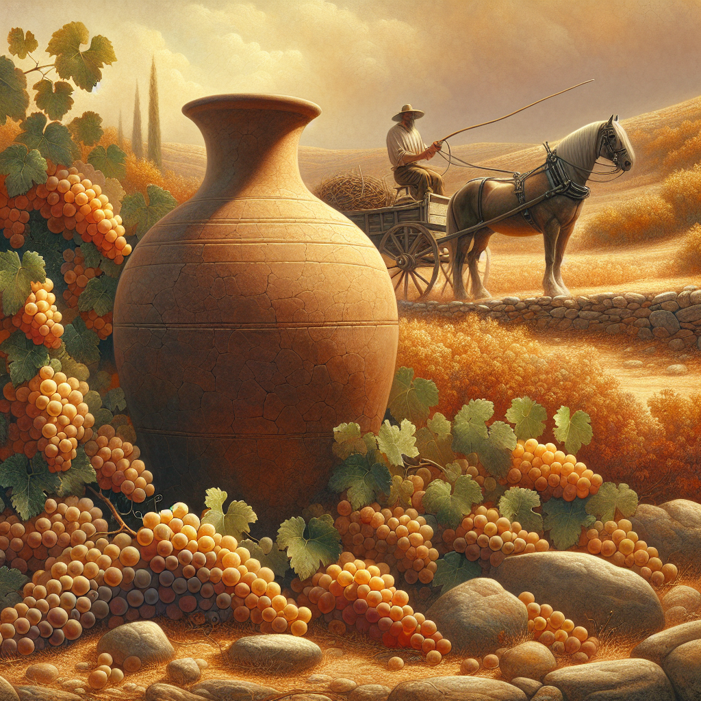 Amphore et cheval de trait dans un vignoble en terrasses