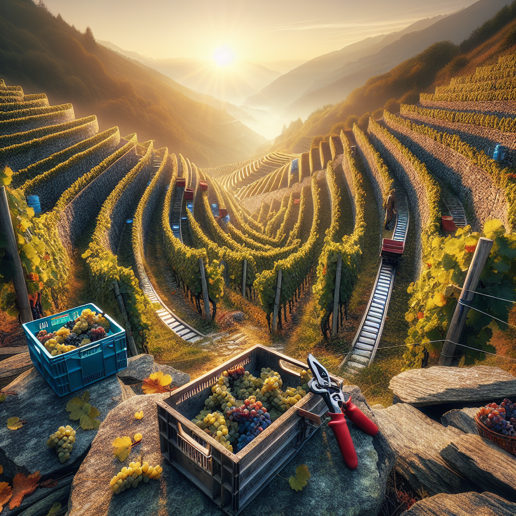 Vendanges en Valais sur terrasses, caisses et sécateurs à l'aube