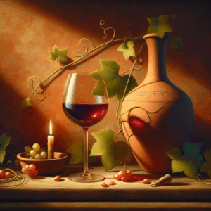 Verre de vin, amphore et vigne en lumière chaleureuse