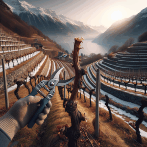 Taille de la vigne en Valais, hiver sur coteaux