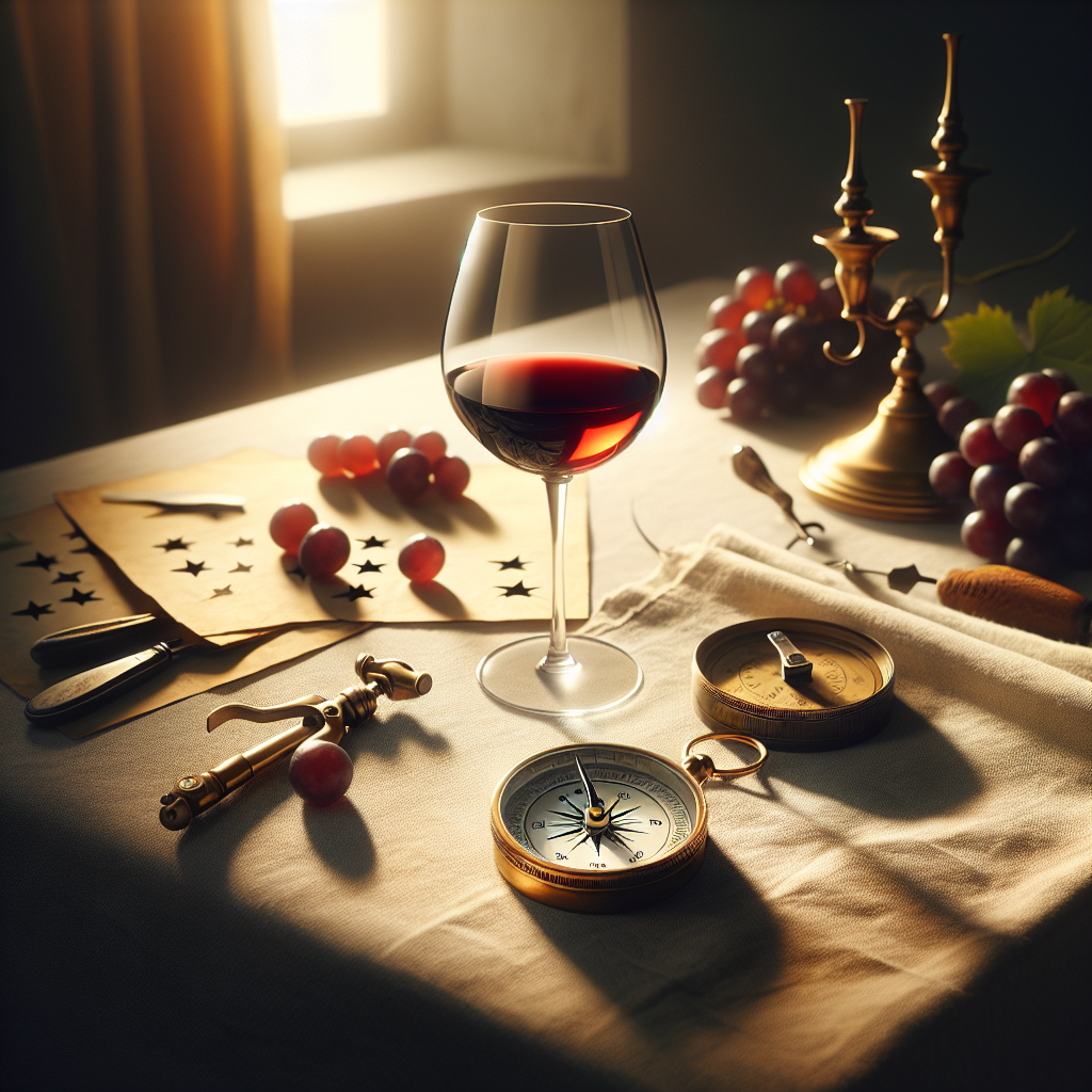 Boussole et verre de vin sur une table conviviale