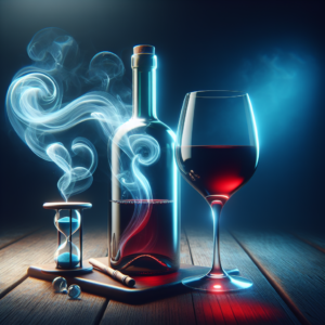 Geöffneter Wein, der atmet, mit Karaffe und Glas auf dem Tisch